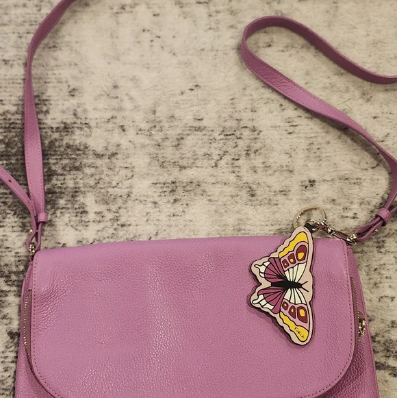 NWOT Furla $448 Pebbled Leather Crossbody Bag Pink Butterfly Bag Charm - Picture 4 of 7